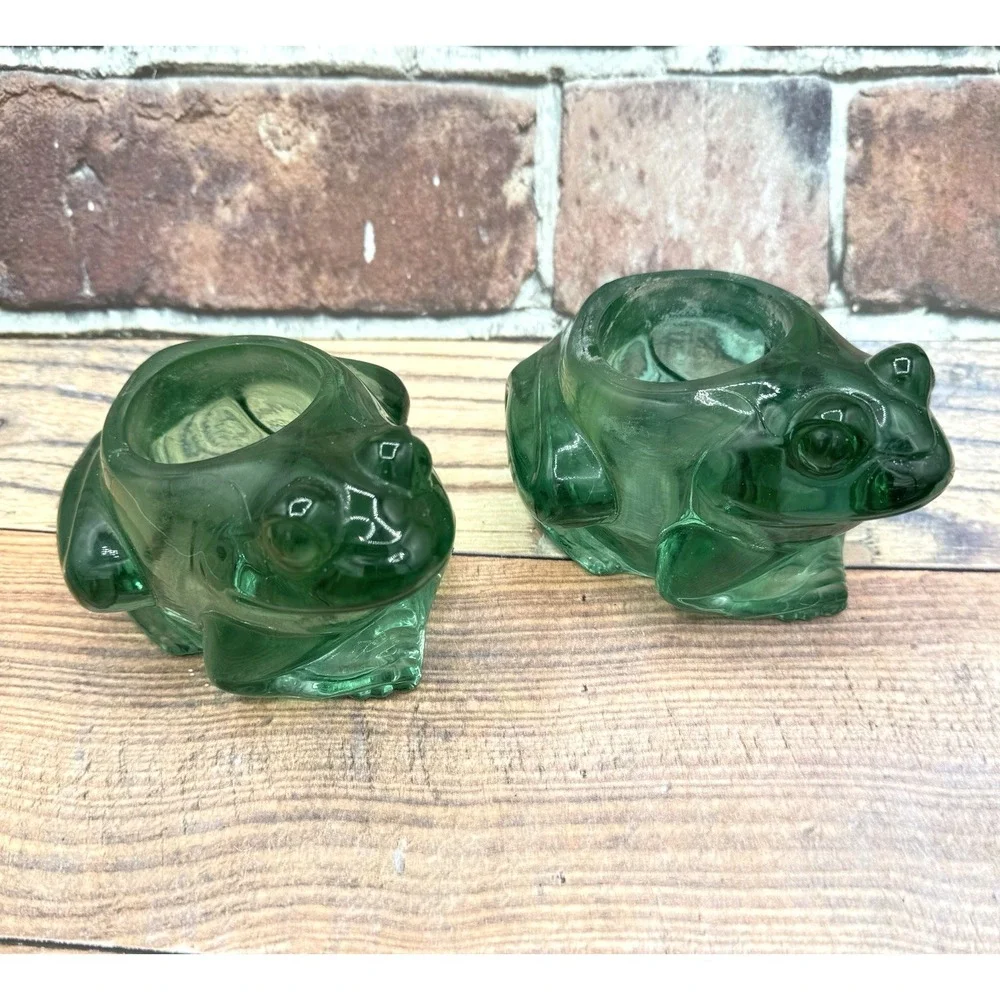 Vtg‎ 2 Indiana Glass Spanish Green Frog Votive Holders Candle Holders Pair Set